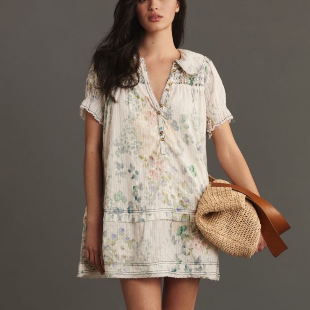 Anthropologie Floral Mini Dress in Cream with Pastel Accents
